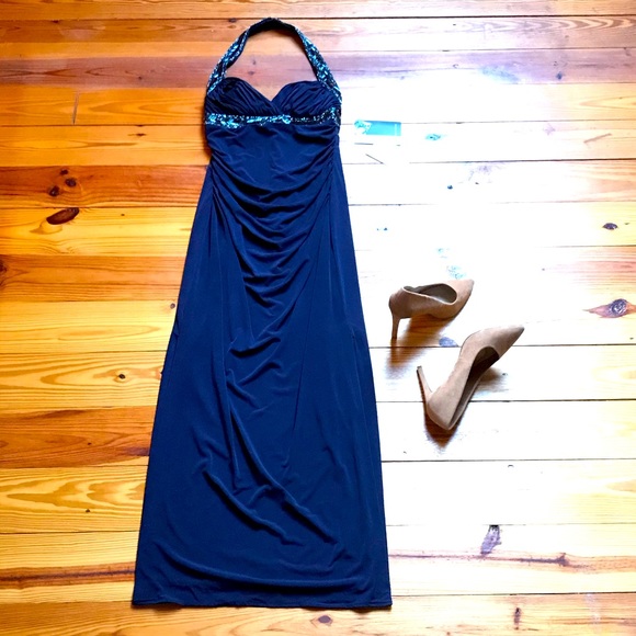 JS Boutique Navy Sequin Halter Gown, NWT, 4 - Picture 1 of 16